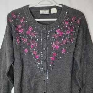 Vintage Embroidered Floral Sequin Cardigan Gray Button Front Cottagecore Knit M